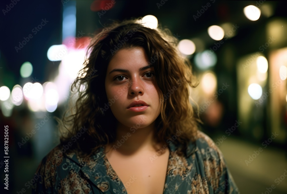 young woman in a Latin american city street at night looking at the camera . Generative AI