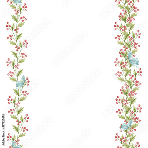 Twig with red berries, watercolor drawing. Stylized pink berries, twig with leaves. seamless border, pattern, design for gift, path, packaging, towel © Elena Zakharova