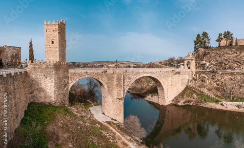 Panoramic view of the San Martin Bridge over the Tagus River in Toledo Spain