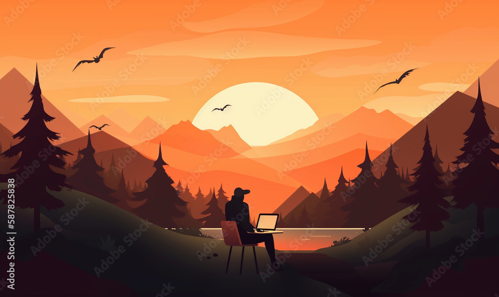 Fototapeta premium Remote freelance work on laptop with beautiful sunset and beach view, digital nomad, simplistic creative abstract illustration 