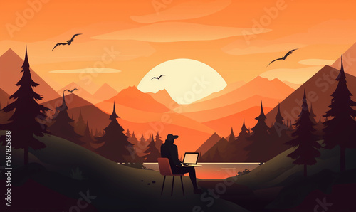 Remote freelance work on laptop with beautiful sunset and beach view  digital nomad  simplistic creative abstract illustration 