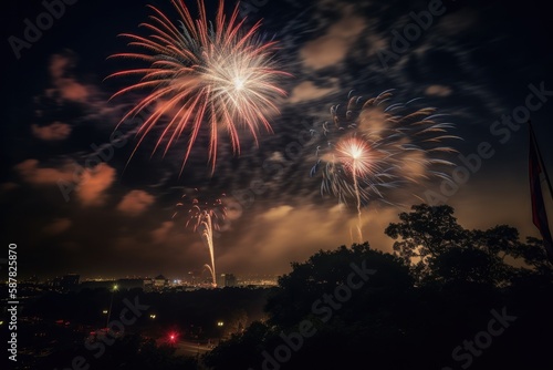 large nighttime fireworks display celebrates America s national holiday  dazzling onlookers in the night sky Generative AI