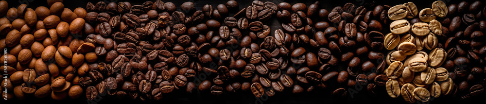 Panoramic banner with coffee beans, close-up on many different kinds on black background, AI generative Panoramic banner with coffee beans, close-up on many different kinds on black background, AI generative
