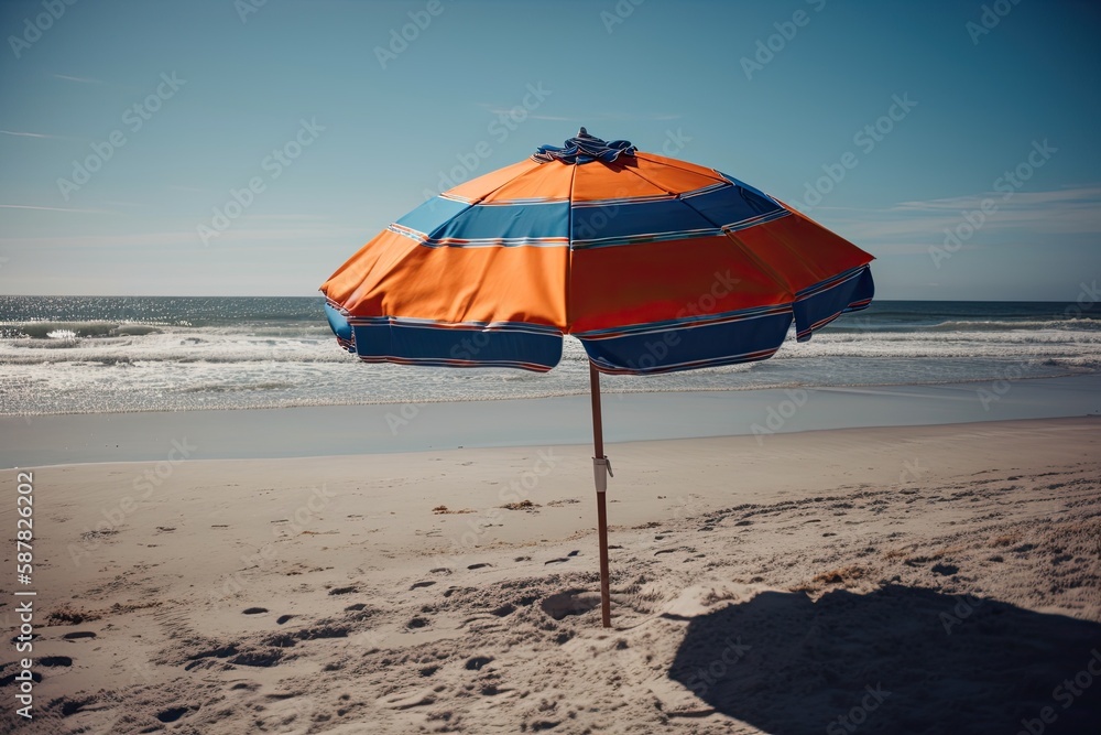 beach scene with a colorful umbrella and a scenic ocean view. Generative AI
