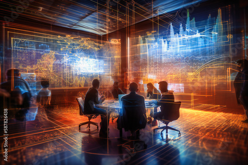 Business individuals convene, using stock market chart papers to assess and plan for heightened quality in the upcoming month