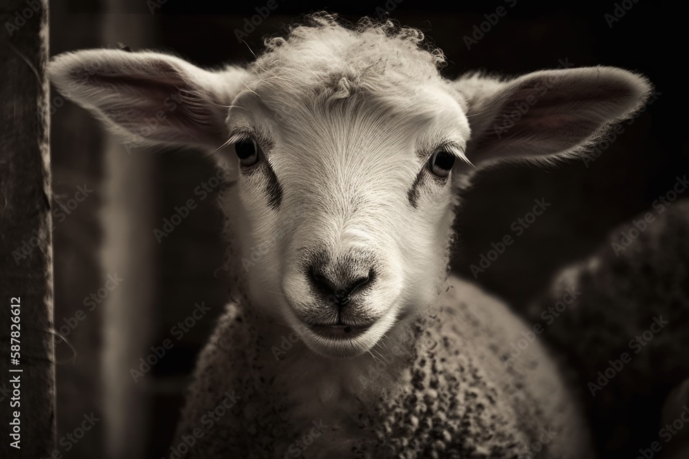Obraz premium monochromatic photograph featuring a woolly sheep. Generative AI