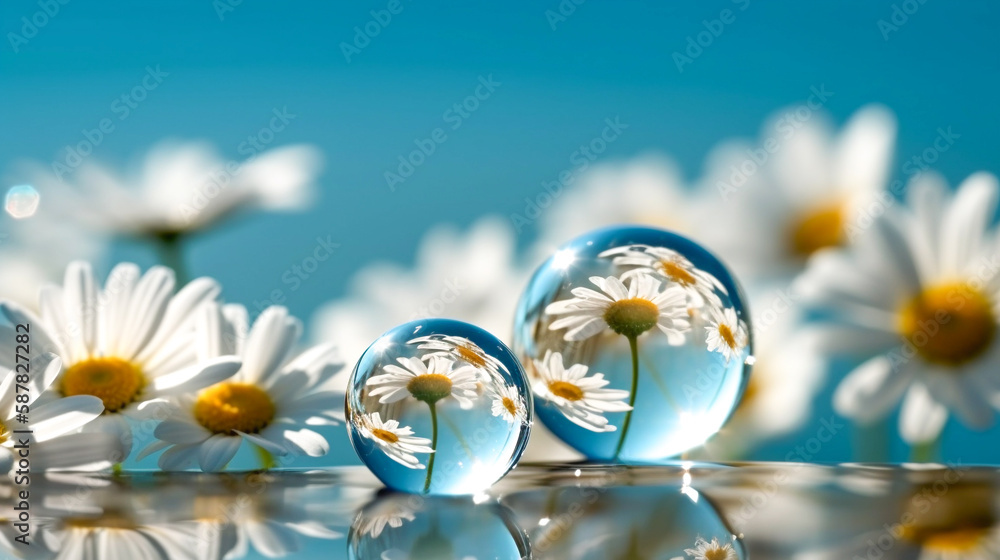 Chamomile flowers with soap bubbles on sunny meadow. Nature background. White daisies and soap bubbles on a green meadow. Generative AI technology. Chamomile flowers with soap bubbles on sunny meadow. Nature background. White daisies and soap bubbles on a green meadow. Generative AI technology.