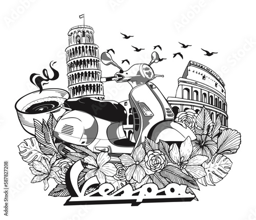 italian scooter illustration black and white italian travel illustration vector
