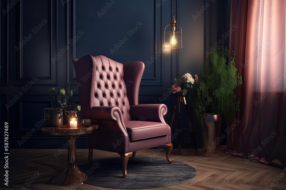 Fototapeta premium Navy Blue Room with Rose Gold Plum Wingback Chair Centerpiece - Generative AI 