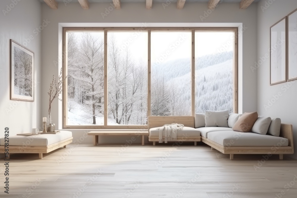 Fototapeta premium cozy living room with natural light coming from a large window. Generative AI