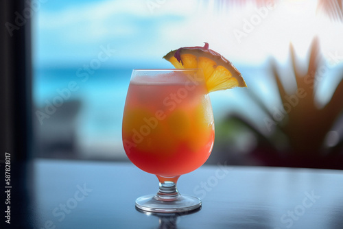 Beautiful close-up of a colorful delicious cocktail in front of a beach, made with generative AI