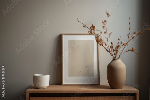 Mindful Beige Cozy Interior with Earthy Tones photo frame generative ai