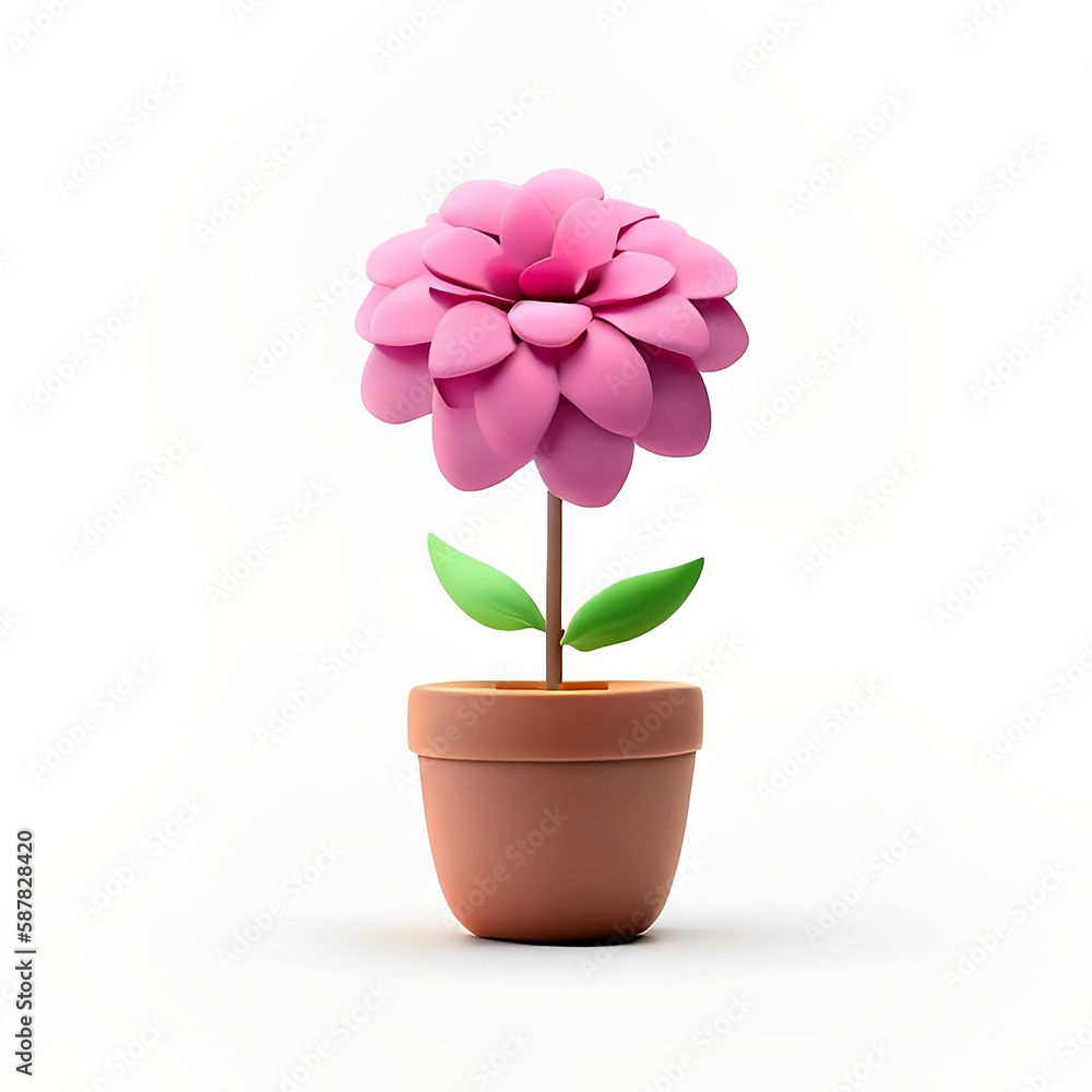 Fiore rosa e semplice in vaso beige in stile plastilina su sfondo bianco generato dall'AI