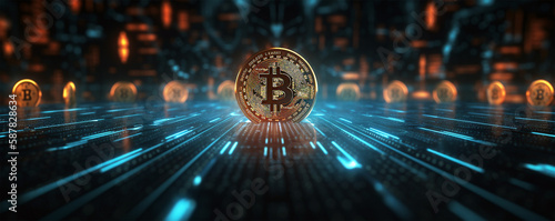 Bitcoin blockchain cryptocurrency mining technology,  digital background wallpaper banner.  Generative Ai, photo