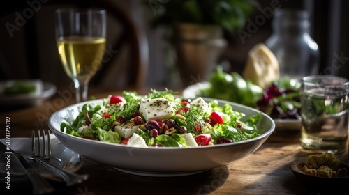 A delicious fresh salad served at a restaurant. Generative AI.
