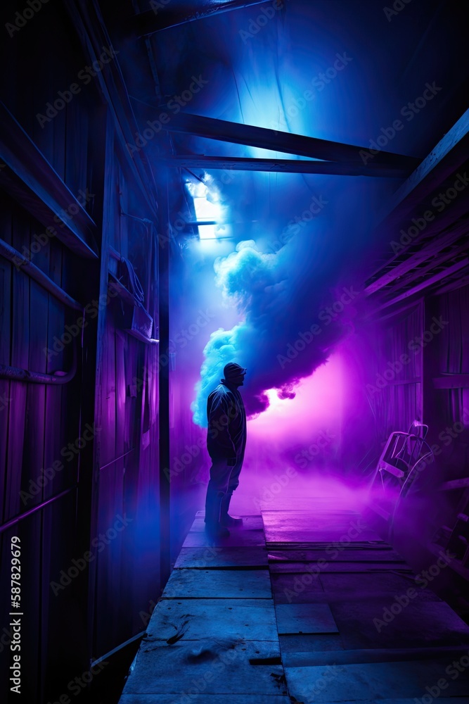 Electric Blue and Purple Industrial Zone with Mysterious Figure in Smoke. Generative AI.