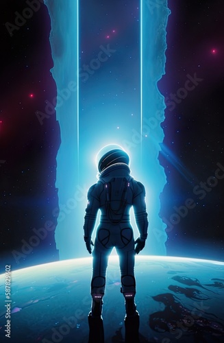 Space Explorer in Glowing Blue Suit Against Galactic Backdrop with Alien City in Distance. Generative AI.