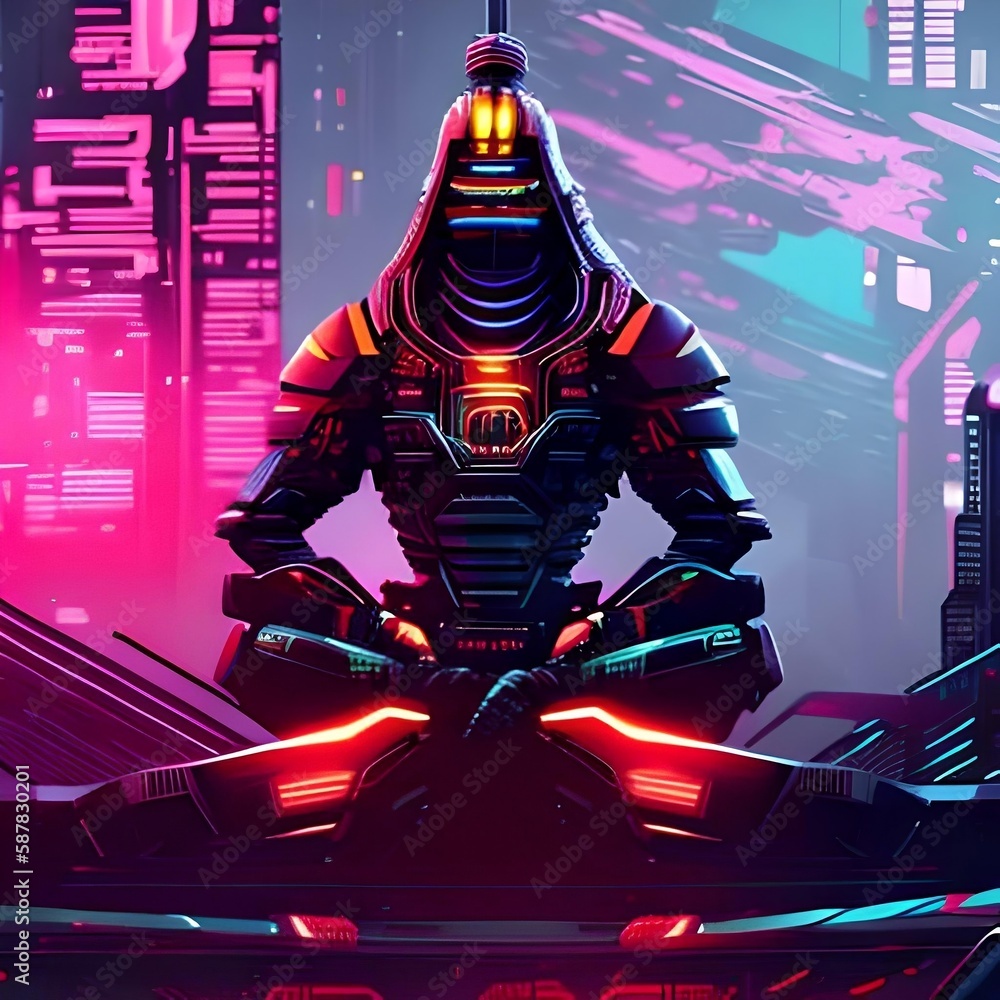 illustration painting of Cyberpunk samurai meditates siting on the cyberpunk background of the city