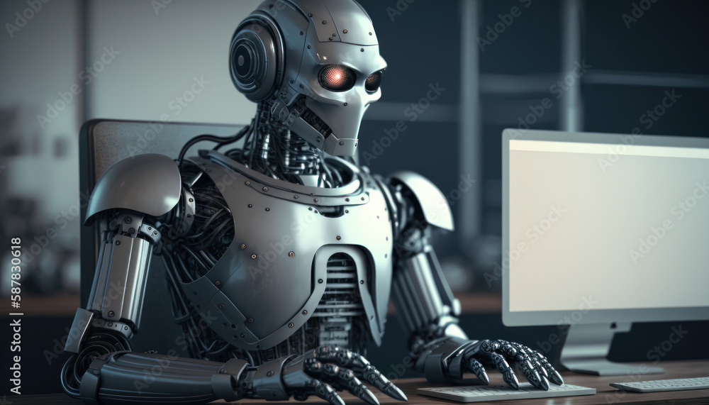 AI chatbot robot assistant sitting at desk using computer as artificial intelligence. Business concept. AI generated AI chatbot robot assistant sitting at desk using computer as artificial intelligence. Business concept. AI generated