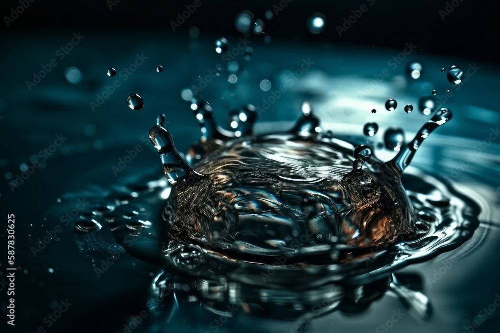 Abstract splash on water with drops, selective focus on blurred background. AI generated, human enhanced.