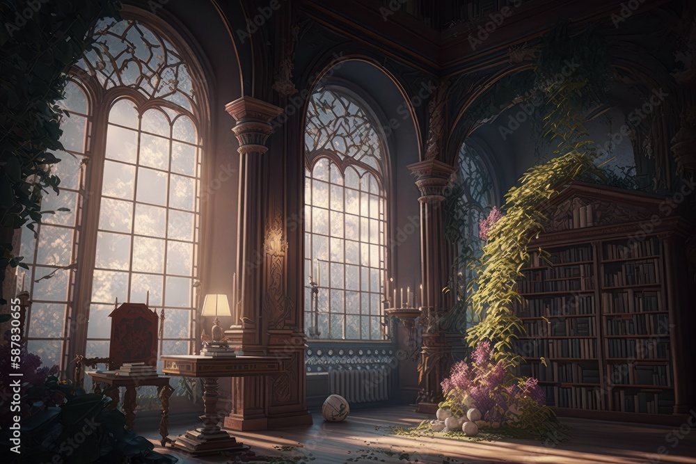 Old ornate abandoned Victorian library. AI generated Old ornate abandoned Victorian library. AI generated