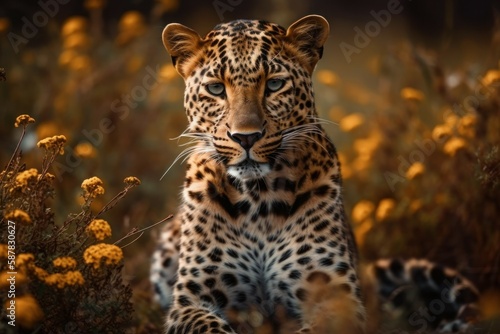 Beautiful leopard. Background with selective focus and copy space. AI generated, human enhanced © top images