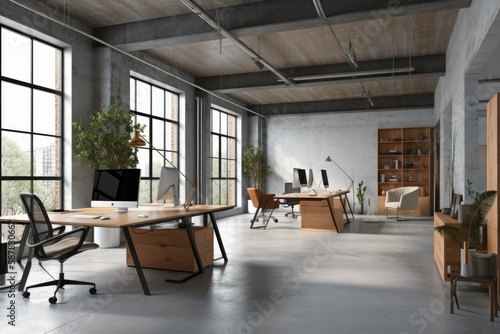 Modern office interior in loft industrial style. AI generated  human enhanced