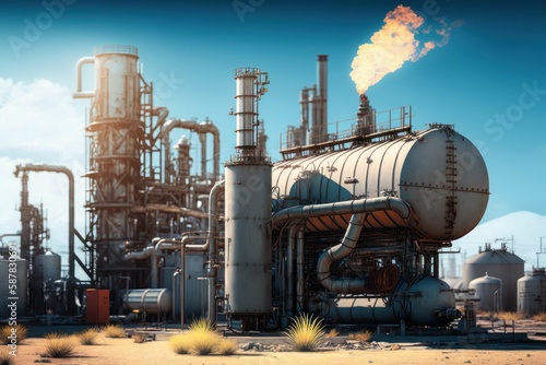 Illustration in the style of photorealism on the theme Oil gas industry business. AI generated, human enhanced.