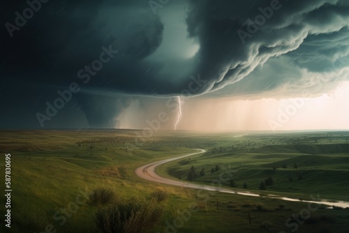 Tornado In Stormy Landscape. Hurricane wind. Climate Change And Natural Disaster Concept. AI generated, human enhanced