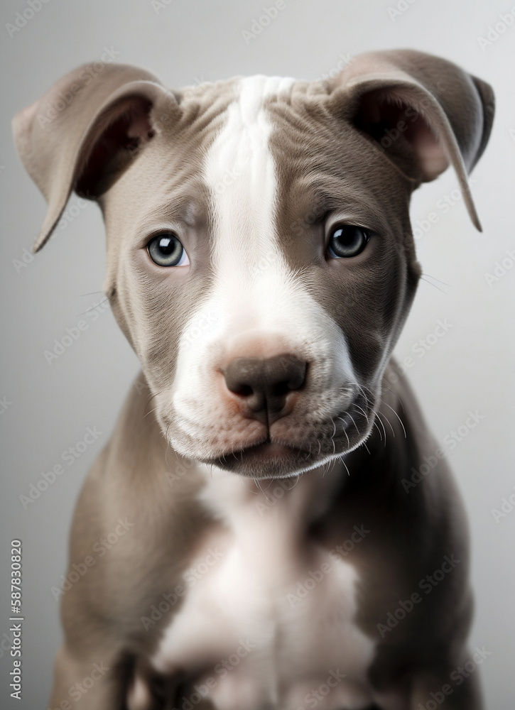 A cute white and grey pitbull puppy.
