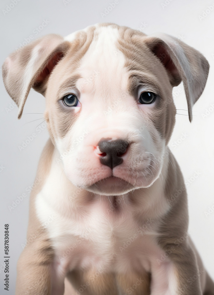A cute adorable white and brown pitbull puppy.