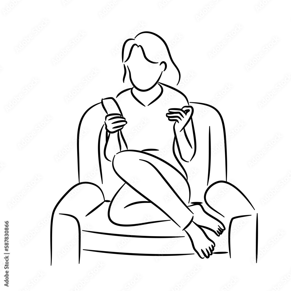 Hand-Drawn Doodle of a Relaxed Woman Sitting on a Chair, Rendered in Outline Sketch Style