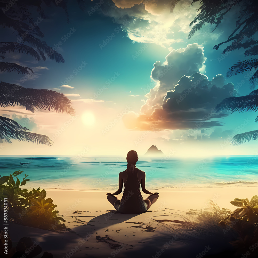 Meditation Women At Beautiful Beach. Generative AI Meditation Women At Beautiful Beach. Generative AI