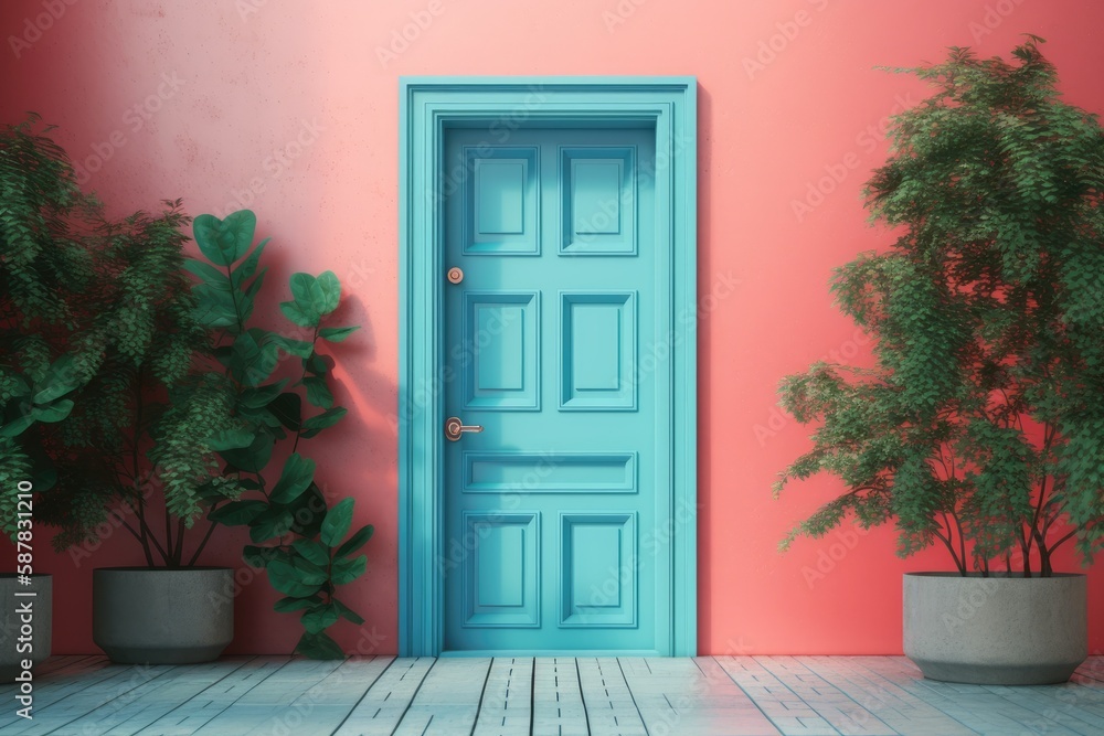 Fototapeta premium blue door in a pink wall surrounded by potted plants. Generative AI