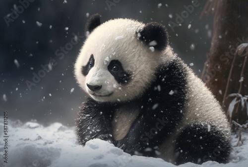 Cute Panda baby playing in snow winter  Generative Ai