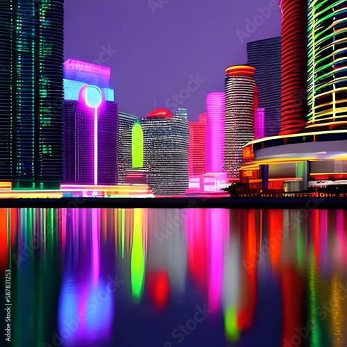 Night city  neon lights of the metropolis. Reflection of neon lights in the water. Modern city with high-rise buildings