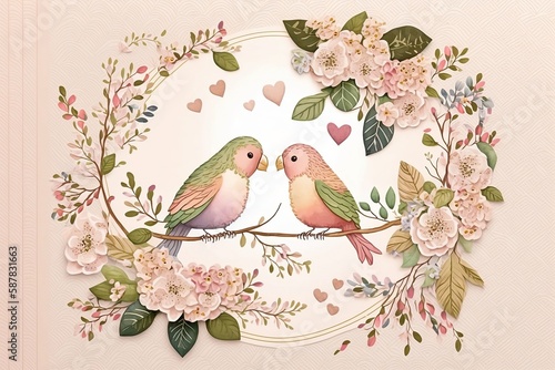 A romantic image about love birds sitting on a branch  surrounded by blooming flowers and leaves   The overall effect is one of love and happiness  creating a warm and joyful atmosphere  Generative Ai