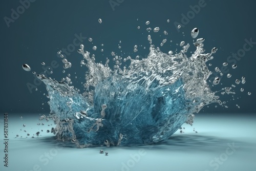 Illustration of water droplets splashing on a bright blue surface. Generative AI