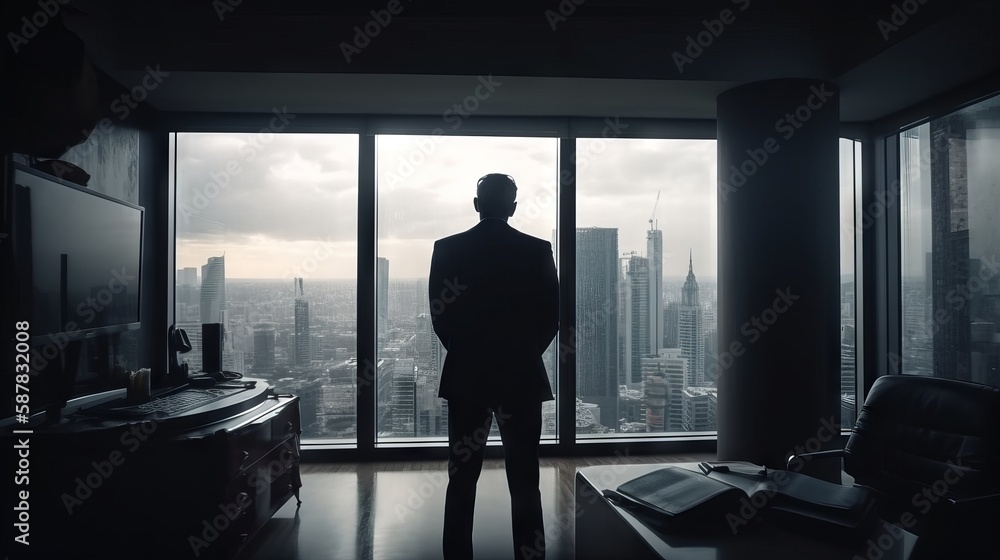 Businessman from back standing in the office and looking towards the high-rise buildings Generative AI Businessman from back standing in the office and looking towards the high-rise buildings Generative AI