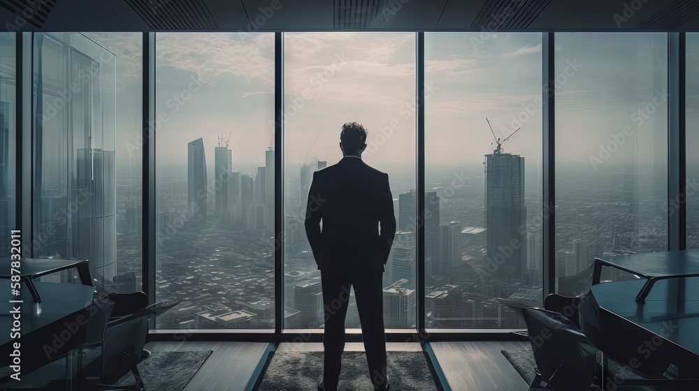 Businessman from back standing in the office and looking towards the high-rise buildings Generative AI