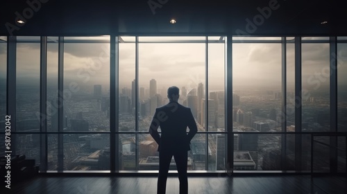 Businessman from back standing in the office and looking towards the high-rise buildings Generative AI