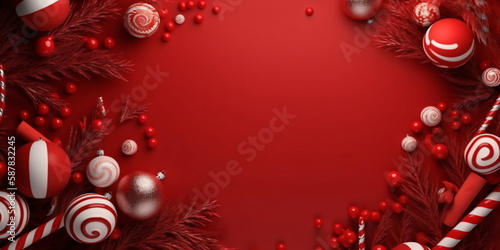 Weihnachten und Neujahrs Hintergrund mit roten Kugeln, Tannenzweigen und Zuckerstangen mit Platz für Text - erstellt mit KI