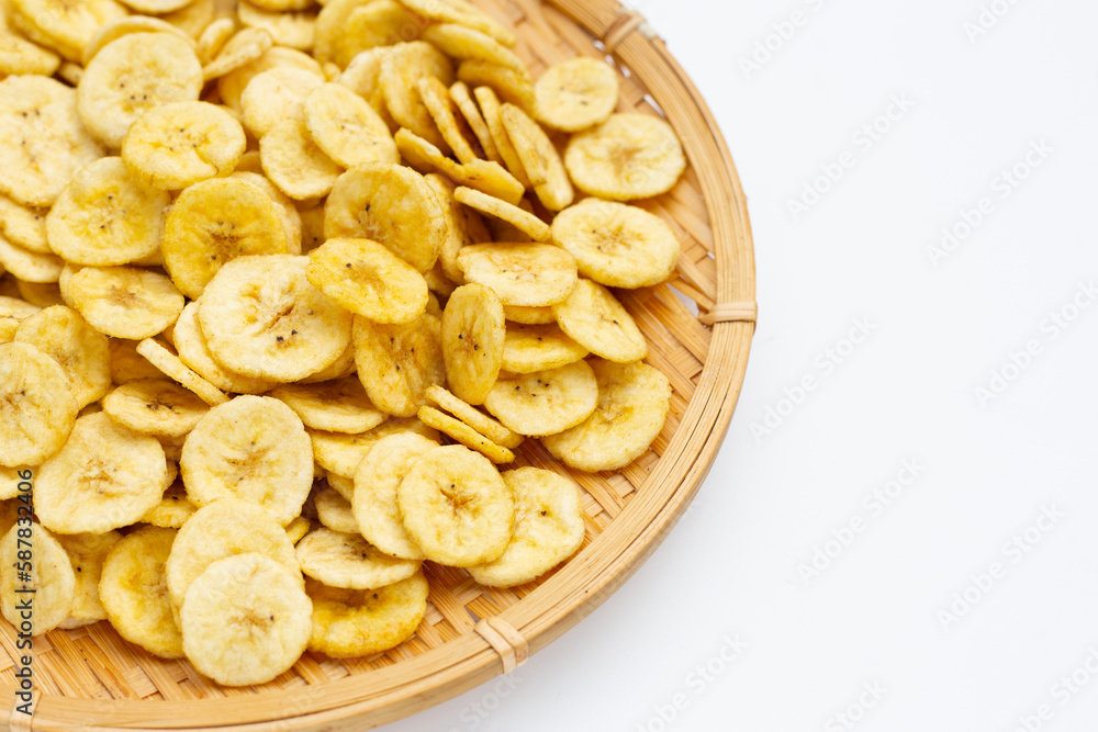 Banana slice chips on white background. Banana slice chips on white background.