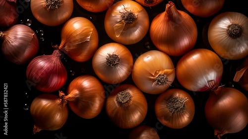 Onion seamless background with water drops, top view, flat lay. Generative AI