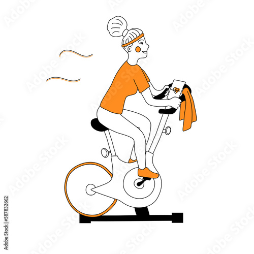 Young woman on bicycle doing spinning sport activities or fitness class, doodle vector icon