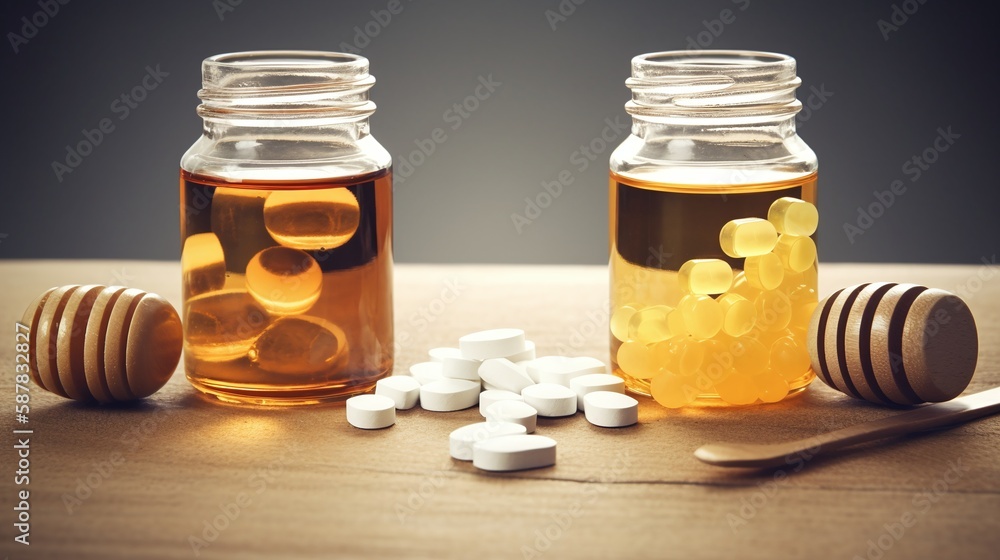 bottle of pills vs honey as a cure , natural remedy - Generative Ai bottle of pills vs honey as a cure , natural remedy - Generative Ai