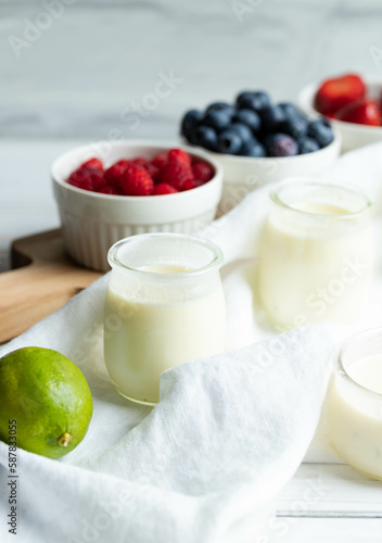 Lime posset with berries in front of a white brick wall