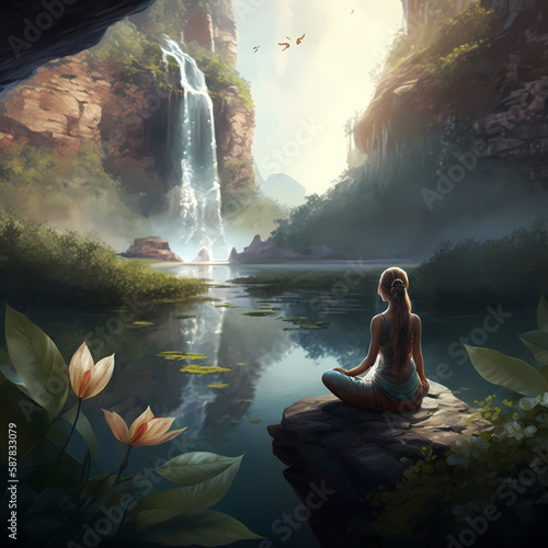 Meditation Women At Waterfall. Generative AI