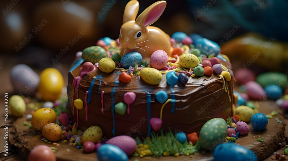 Easter birthday cake with eggs and chocolate and an cute bunny on top - generative ai