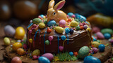 Easter birthday cake with eggs and chocolate and an cute bunny on top - generative ai